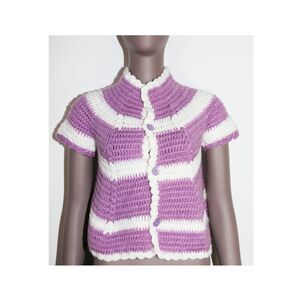 Knit Striped Purple White Button Down Collared Short Sleeve Crop Top
